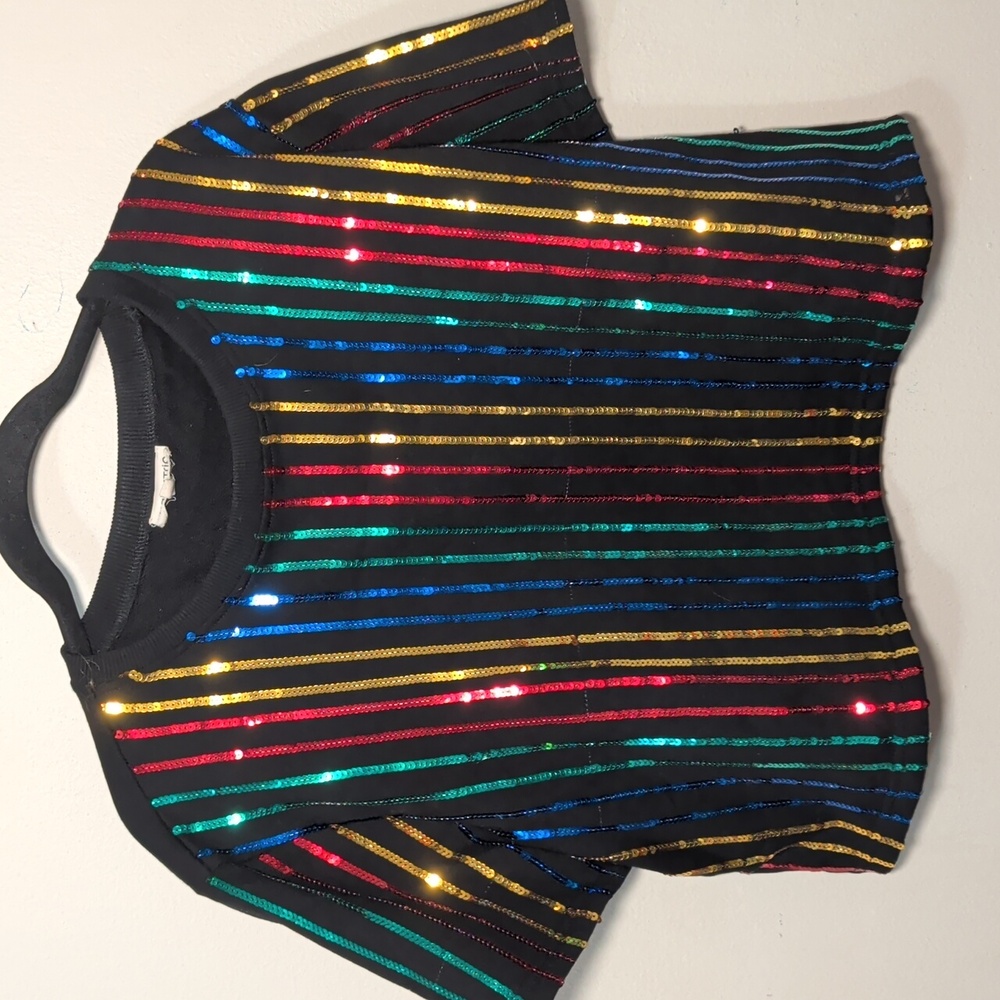 Mainstrip Black Rainbow Sequin Stripe Short Set Cropped Top Women's Size L - Picture 6 of 7